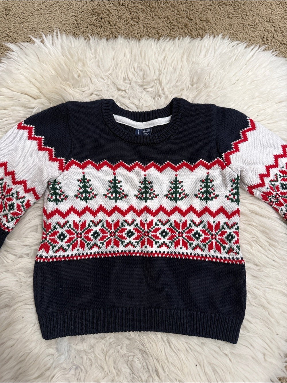 Janie & Jack Boys Navy Holiday Knit Sweater with Christmas Tree Pattern 18/24 Mo
